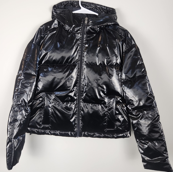 Hollister Black Puffer Jacket Coat Wet Look Shinny Winter Recycled Fill Size S - Picture 2 of 13